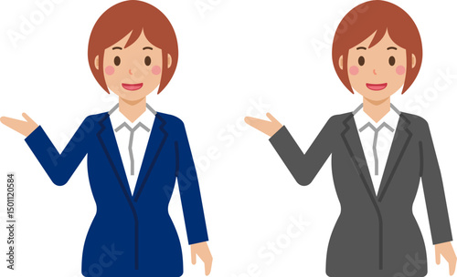 「こちらへ」と笑顔のショートヘアの若い女性。スーツ姿の上半身