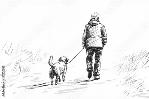Elderly man walking dog on path in a sketch illustration  