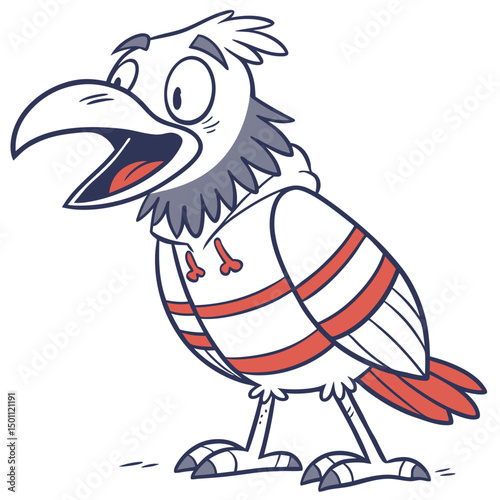 Cartoon raven character looks shocked and is standing, wearing a hooded striped sweater