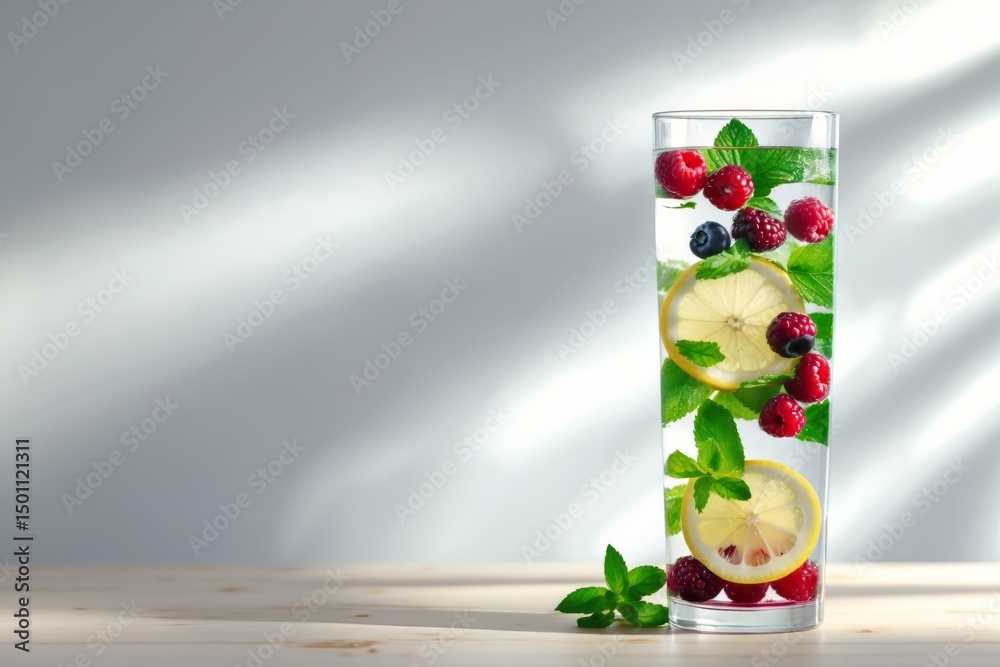Fototapeta premium Refreshing citrus and berry infused herbal water in a tall glass