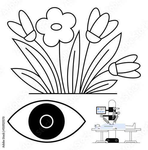 Robotic arm operating on patient with medical devices, surrounded by flower design and eye symbol. Ideal for healthcare, innovation, technology, nature, vision, growth, simple landing page