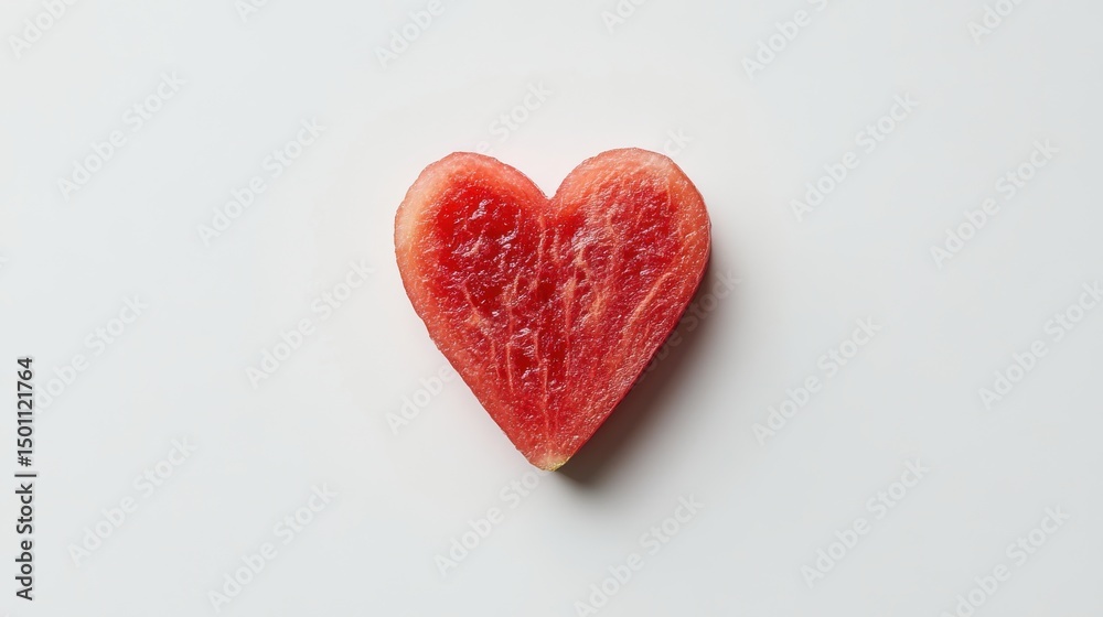 Fototapeta premium A heart-shaped piece of watermelon rests on a plain white surface, evoking summer vibes and a sense of joy.