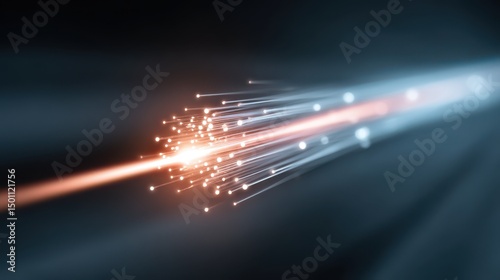 Digital data fiber line glowing intensely, with a fast motion background. High-speed internet signal and fiber optic cable. Global communication access. Frequency wave technology.