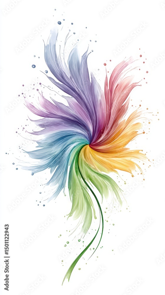 Obraz premium An abstract watercolor painting shows colorful swirling feathers upward.
