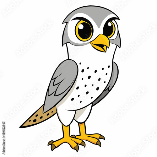 A cartoon hawk with big eyes looks forward while standing alertly on the ground