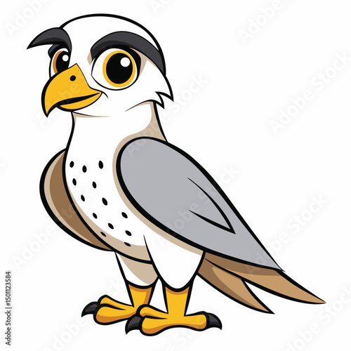 Whimsical cartoon hawk stands alert, showing its bright yellow beak and distinctive gray wing