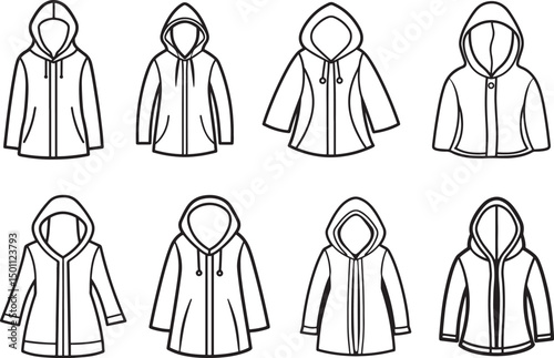 set of hooded coat line art, black outline, vector and illustration, coloring book page line art drawing