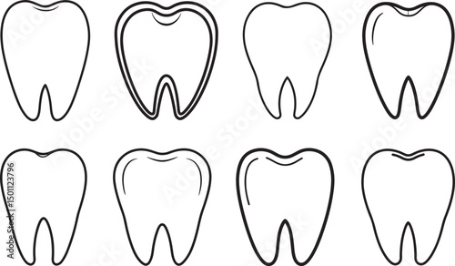 set of tooth line art, black outline, vector and illustration, coloring book page line art drawing