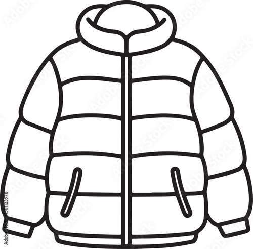 padded downy winter jacket line art, black outline, vector and illustration, coloring book page line art drawing