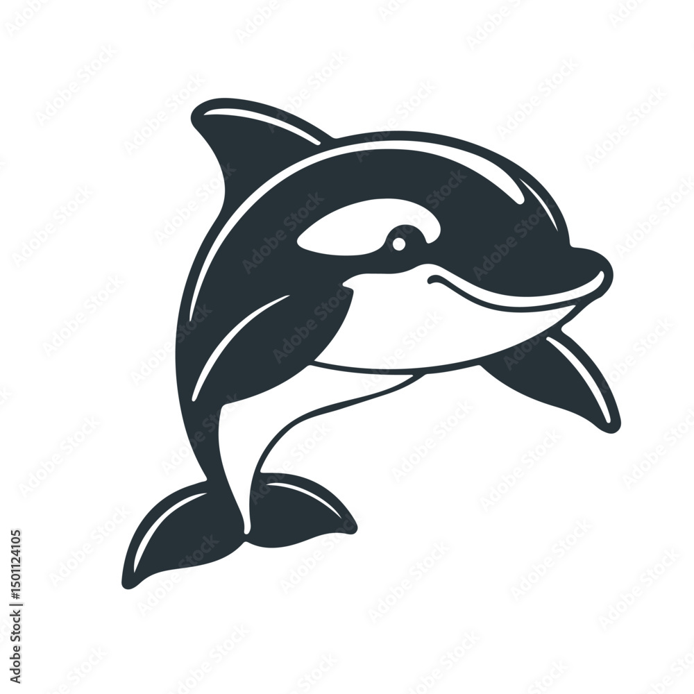 Fototapeta premium Cute dolphin cartoon, ocean animal illustration, sea life vector, happy marine mammal, black white drawing