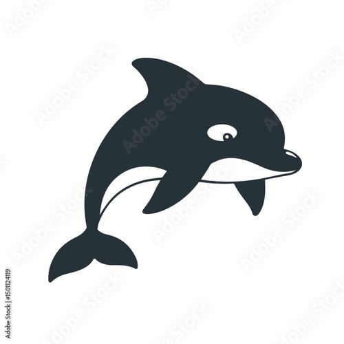 Cute dolphin cartoon, ocean animal illustration, sea life vector, happy marine mammal, black white drawing