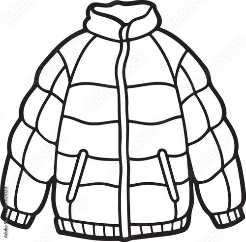 padded downy winter jacket line art, black outline, vector and illustration, coloring book page line art drawing