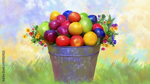 Colorful apples and plums in a purple bucket, adorned with flowers, sit on grassy ground against a vibrant sky