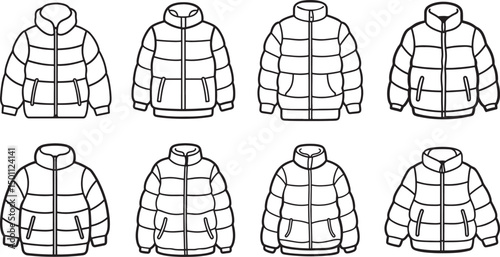 set of padded downy winter jacket line art, black outline, vector and illustration, coloring book page line art drawing