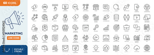 Marketing line editable icon set. Contain icons related to campaign, market research, strategy, target audience, branding, advertising, promotion, and more. Editable stroke. Vector illustration