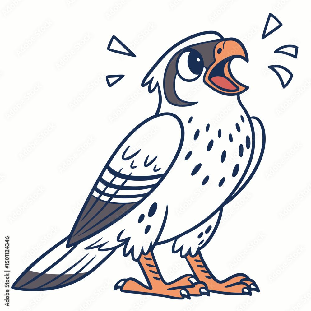 Fototapeta premium Illustrated bird cries out, featuring white feathers and brown beak, with dark blue outline