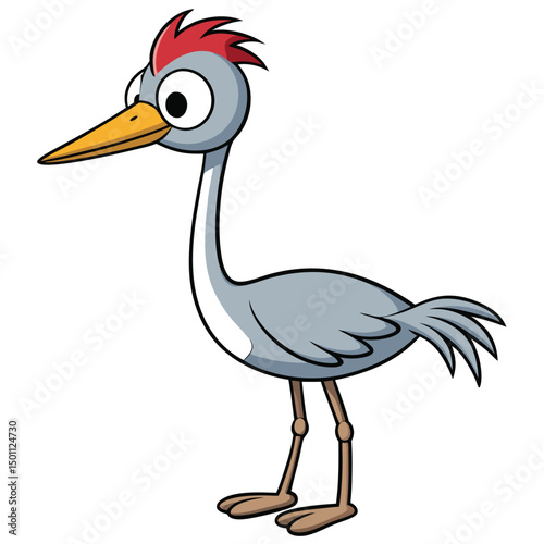 Cute cartoon gray heron stands peacefully showcasing its red crest and yellow beak