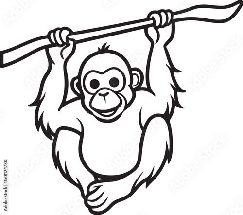 orangutan hanging on a branch line art, black outline, vector and illustration, coloring book page line art drawing