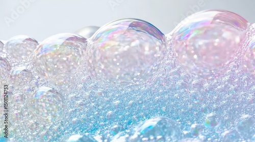 Close-up of iridescent soap bubbles and foam, showcasing pastel hues and textures