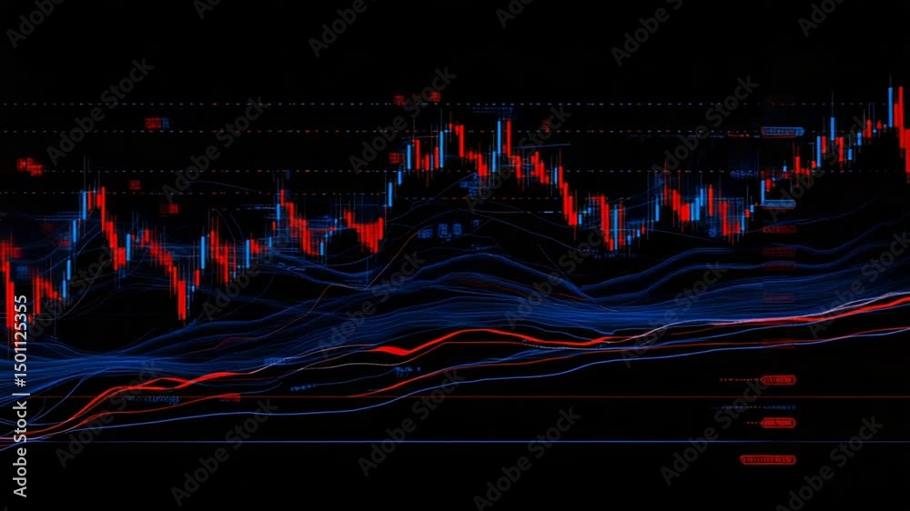 Global stock market data, red and blue curves, financial analysis background