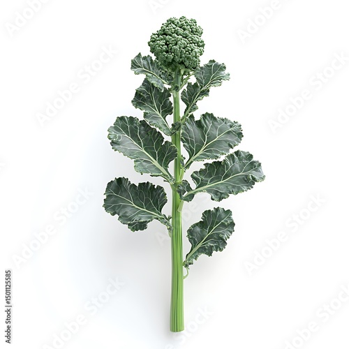 Fresh broccoli plant showing leaves and florets against a clean white background as a high resolution photo.