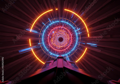 Neon Rings Tunnel Abstract 3D Render  4K Wallpaper isolated on transparent background
