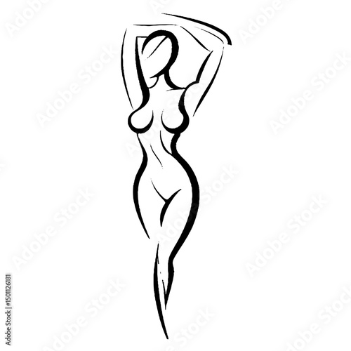 Graceful Female Figure in Raised Arms Pose with Artistic Minimalist Line Drawing