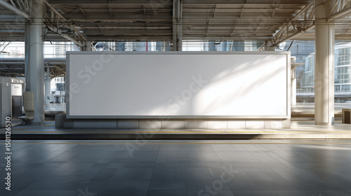 blank white billboard on the platform of a modern train station