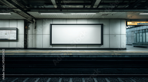 blank white billboard on the platform of a modern train station