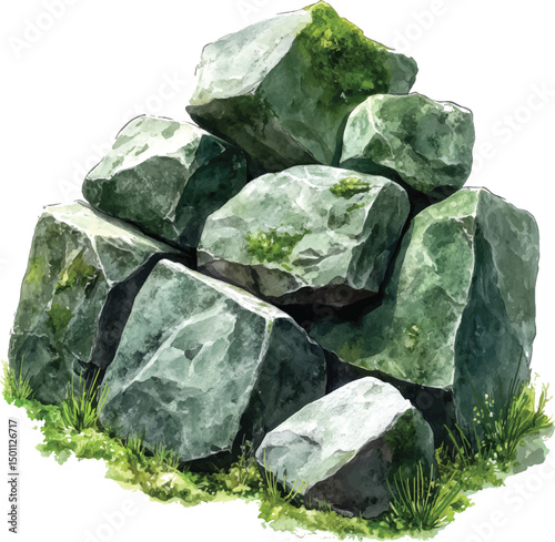 Hand-drawn Rocks with Meadow Plants