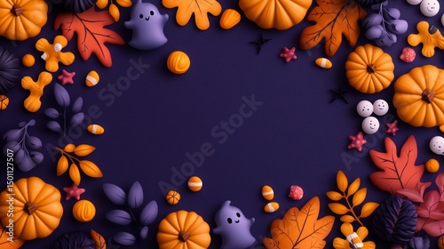 Cute Halloween background border with ghosts, pumpkins, autumn leaves, stars, candy. Festive design template copy space for parties and kids.
