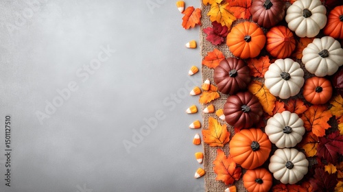 Autumn fall border background with pumpkins, leaves, candy corn on gray for Thanksgiving, Halloween, harvest copy space.
