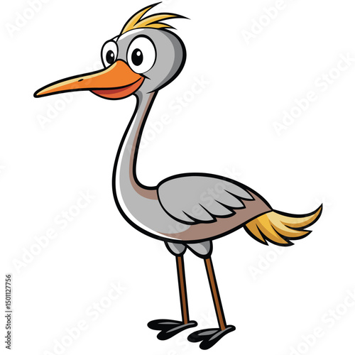 Playful cartoon stork standing upright displays its orange beak and quirky golden feathers