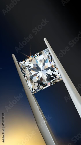 Princess cut diamond in tweezers on dark background. Seamless loop vertical 3D animation