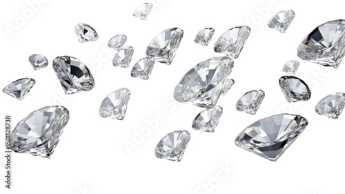 Sparkling Diamonds Falling with Glittering Light Reflections and Transparent Sparkle Isolated on White Background