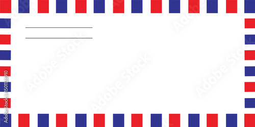 Airmail Envelope frame images with strips. International vintage letter border. Retro air mail postcard with blue and red stripes.