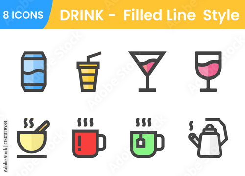 DRINK -  Filled Line  Style, Drinks vector icon set. cocktail illustration symbol collection. drink sign or logo. 