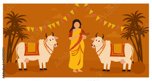 Abundant Happy Pongal Illustration with Traditional Pots and Sugarcane-01