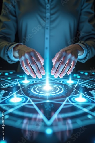 Hands hologram glowing blue futuristic interface digital pattern
