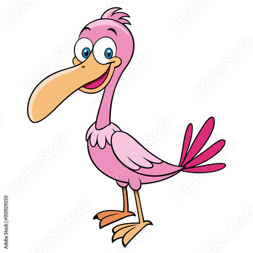 Smiling pink cartoon bird with a long beak is standing cheerfully upright