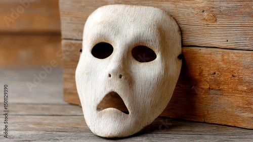 Wooden mask with a sad expression against wooden background.