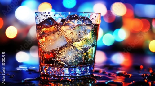 Icy beverage in rocks glass, condensation, colorful bokeh background
