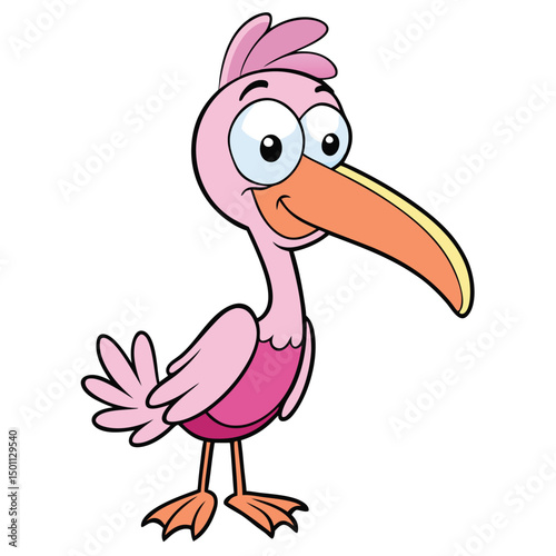 Charming cartoon pink ibis character playfully looks forward with a cheerful expression on a white backdrop