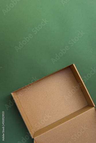 Wallpaper Mural Empty brown cardboard gift box placed on a solid green background. Eco-friendly packaging concept with minimalist, natural aesthetic and copy space Torontodigital.ca