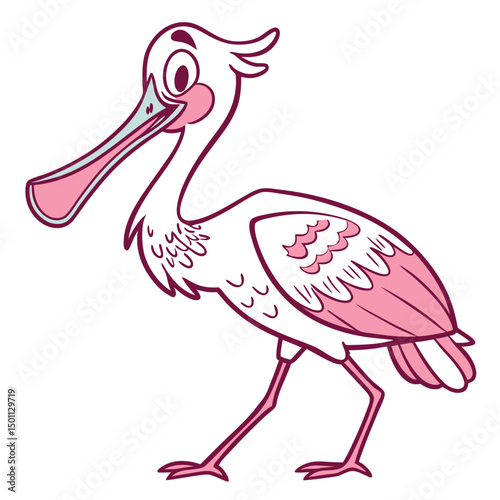 A cute cartoon roseate spoonbill struts confidently, showcasing its distinctive spoon shaped bill on white