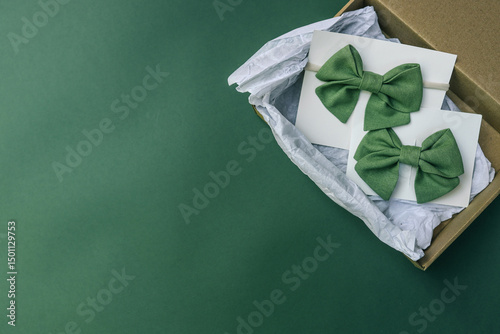 Eco-friendly packaging with two green fabric hair bows on white cards placed inside a brown kraft box with white tissue paper. Pastel green flat lay for product branding photo