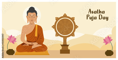 Asalha Puja Day Illustration with Meditating Buddha and Dharma Wheel-01