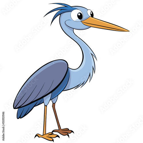 Cartoon great blue heron stands tall while staring ahead with large eyes