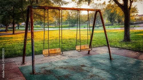 Empty park swings at sunset