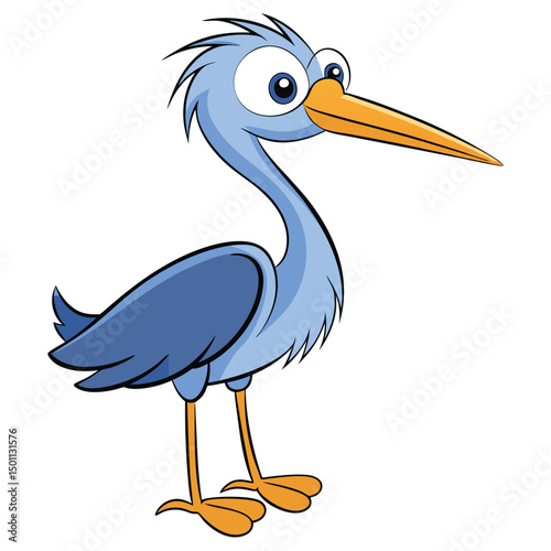 Whimsical cartoon heron with spiky plumage stands gracefully, showcasing its long yellow beak